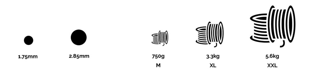 Image showing the different filament diameters and roll sizes available